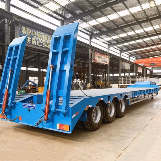 중국 Tri/3/4 Axles 60 톤 80t 100 톤 로우 로더 헤비 듀티 굴삭기 운송 단계 드롭 데크 로우 베드 로우 베드 트럭 세미 트레일러 판매